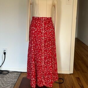 XS button front midi skirt with red ditsy floral print max studio brand